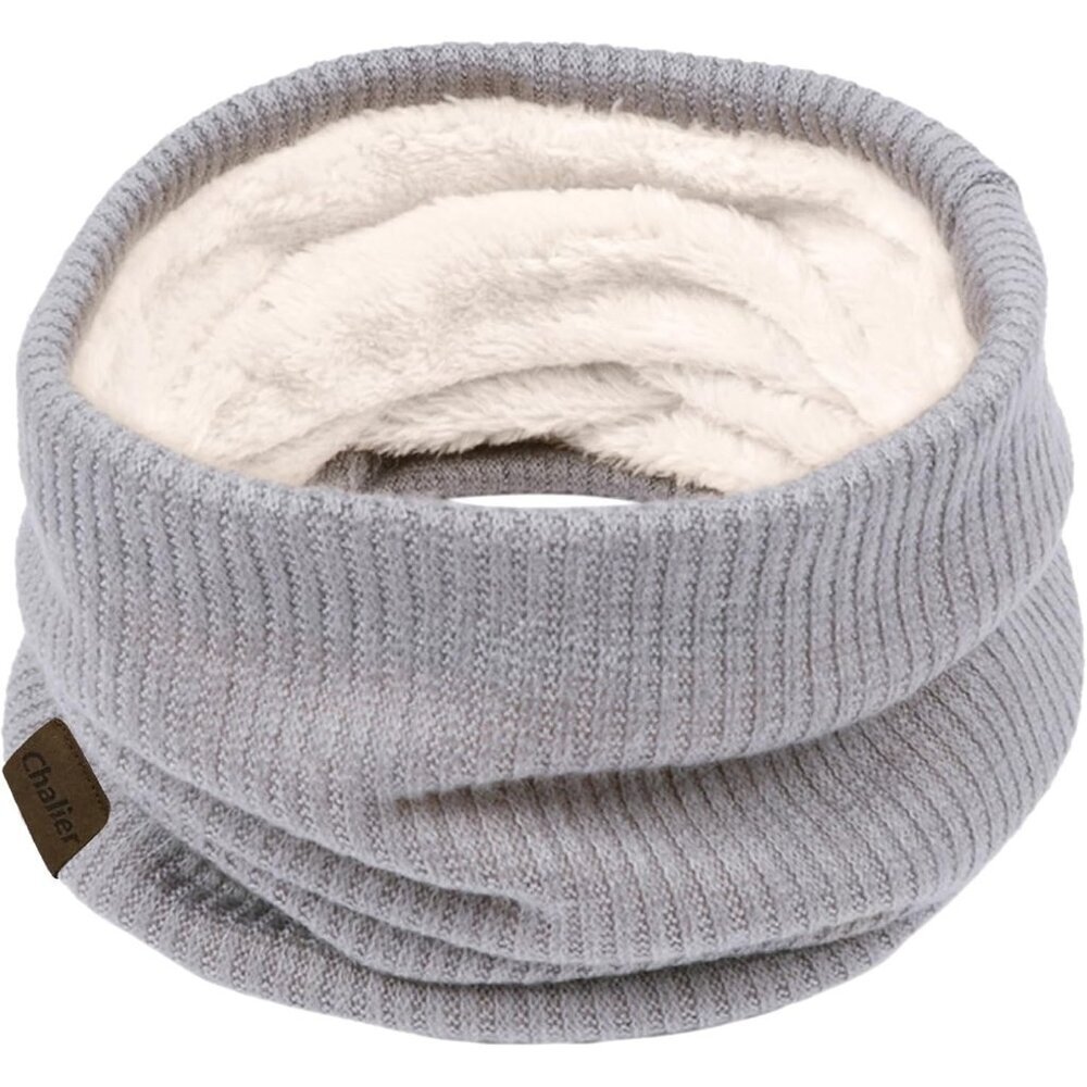 Women's gray Scarf Winter Double-Layer Neck Warmer Knit Fleece Lined Circle